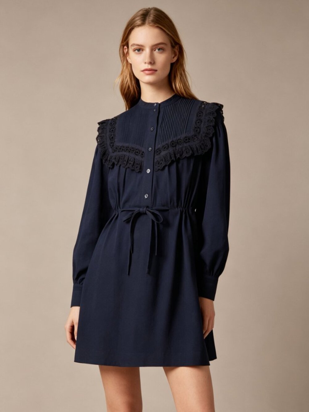 $635 NWOT SEE BY CHLOÉ  Embroidery Ruffles Cotton-Jacquard Mini Dress Blue Sz 34